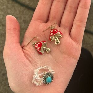 Gold Mushroom Earrings and Ring
